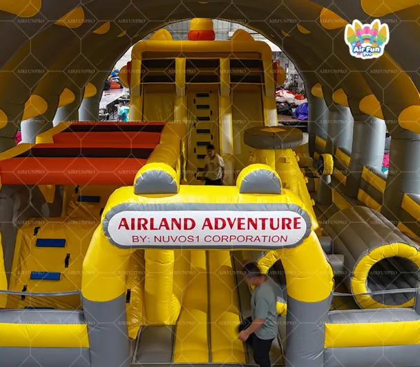 AirFunpro Inflatable Playground Dimensions 10m x 14m x 6.8m Color Theme yellow-gray with red accents