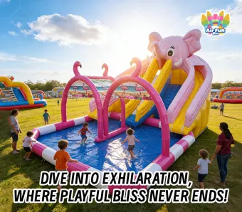 15m x 10m Pink Elephant Themed Inflatable Water Park | EN14960 Certified, Customizable