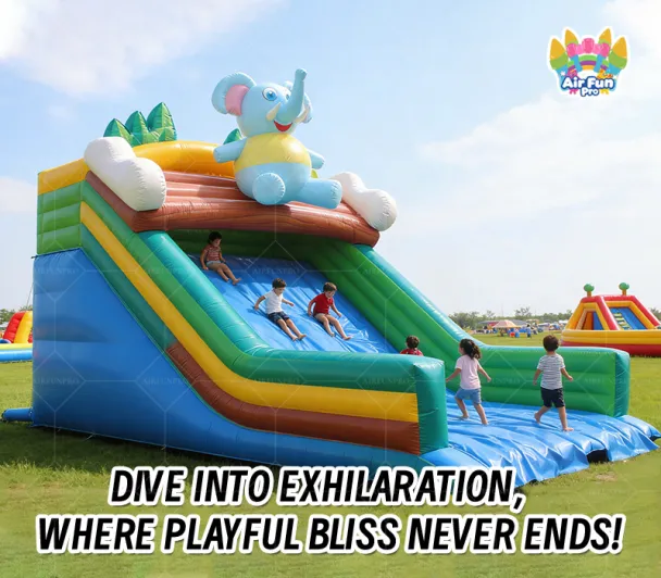 Blue Elephant Dual-Lane Inflatable Slide with Splash Pool