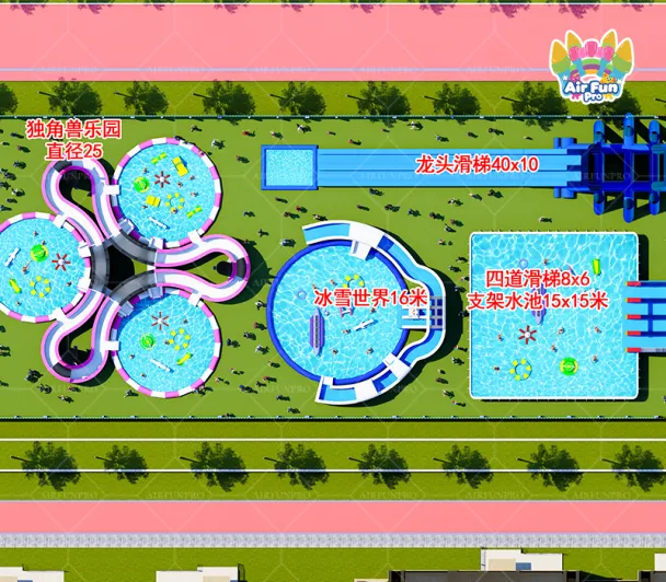 4-in-1 Commercial Water Park: Unicorn Zone + Dragon Slide + Racing Fun
