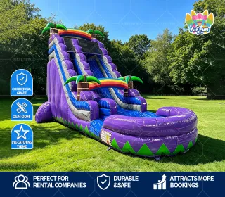 Purple Tropical Jungle Palm Tree Inflatable Dry Slide | Commercial Tall Double Lane Inflatable Slide