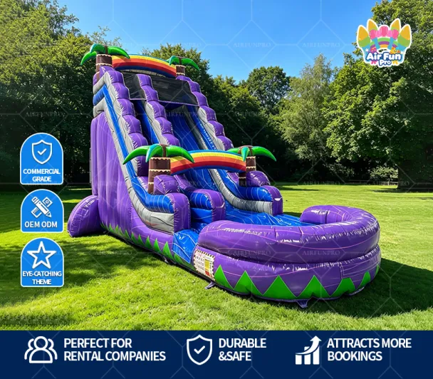Purple Tropical Jungle Palm Tree Inflatable Dry Slide | Commercial Tall Double Lane Inflatable Slide