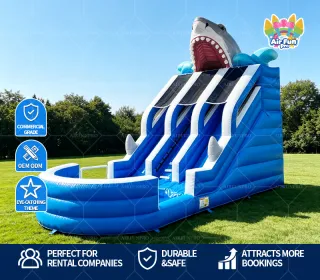 Shark Themed Dual Lane Inflatable Water Slide With Splash Pool | Commercial Grade For Rental Business