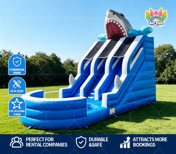 Shark Themed Dual Lane Inflatable Water Slide With Splash Pool | Commercial Grade For Rental Business
