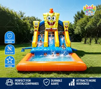 Commercial Grade Cartoon Theme Inflatable Water Slide With Pool, Plato PVC Kids Triple Lane Waterslide, Custom OEM ODM For Rental Business Backyard Summer Party Events