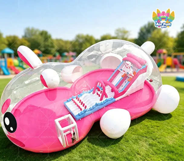 Bunny Car Themed Inflatable Playground | Commercial Transparent Inflatable Fun Park With Slide & Obstacle Course
