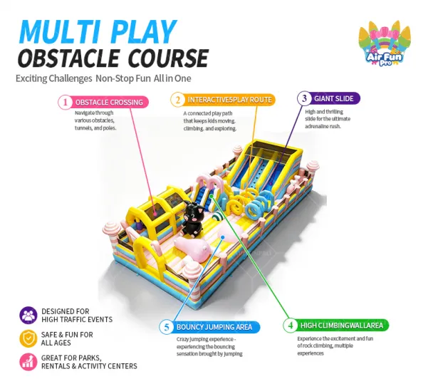 Commercial Multi Play Inflatable Obstacle Course, All-in-One Inflatable Play Equipment With Obstacle Crossing, Bounce Area, Climbing Wall & Giant Slide