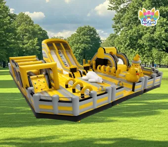 Commercial Yellow Duck Theme Inflatable Play Park, Large Inflatable Obstacle Course Combo With Climbing Wall & Double Slide