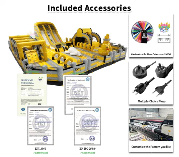 Commercial Yellow Duck Theme Inflatable Play Park, Large Inflatable Obstacle Course Combo With Climbing Wall & Double Slide