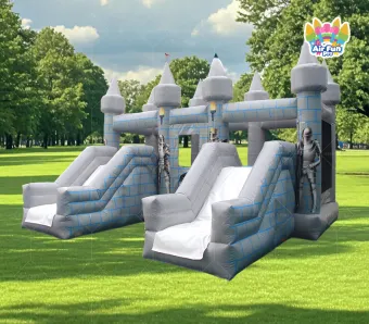 Commercial Medieval Knight Inflatable Bouncy Castle, Stone Pattern Inflatable Play Combo With Dual Slides For Kids Events & Amusement Park
