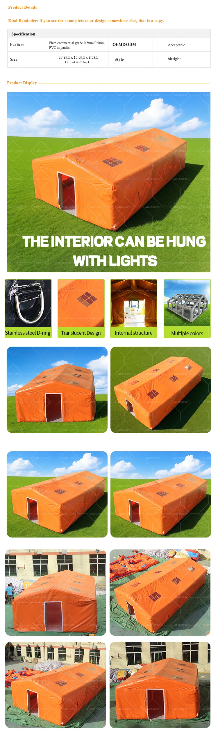 Orange Waterproof Inflatable Party Tent Emergency Tent