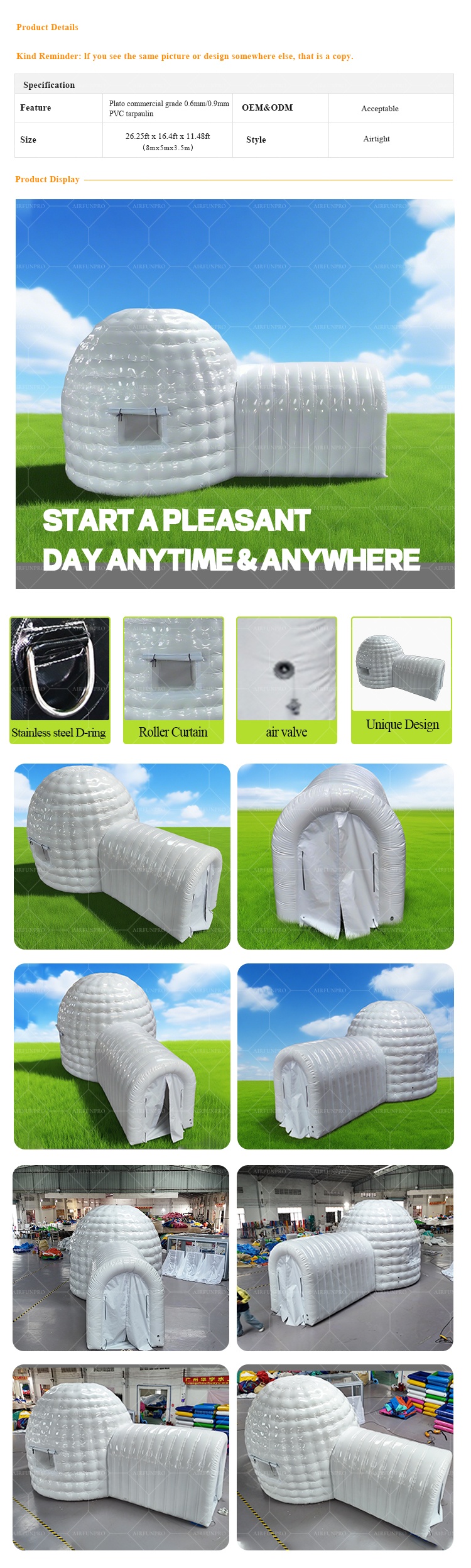 Giant Outdoor White Inflatable Dome Tent Portable Tent With Entrance