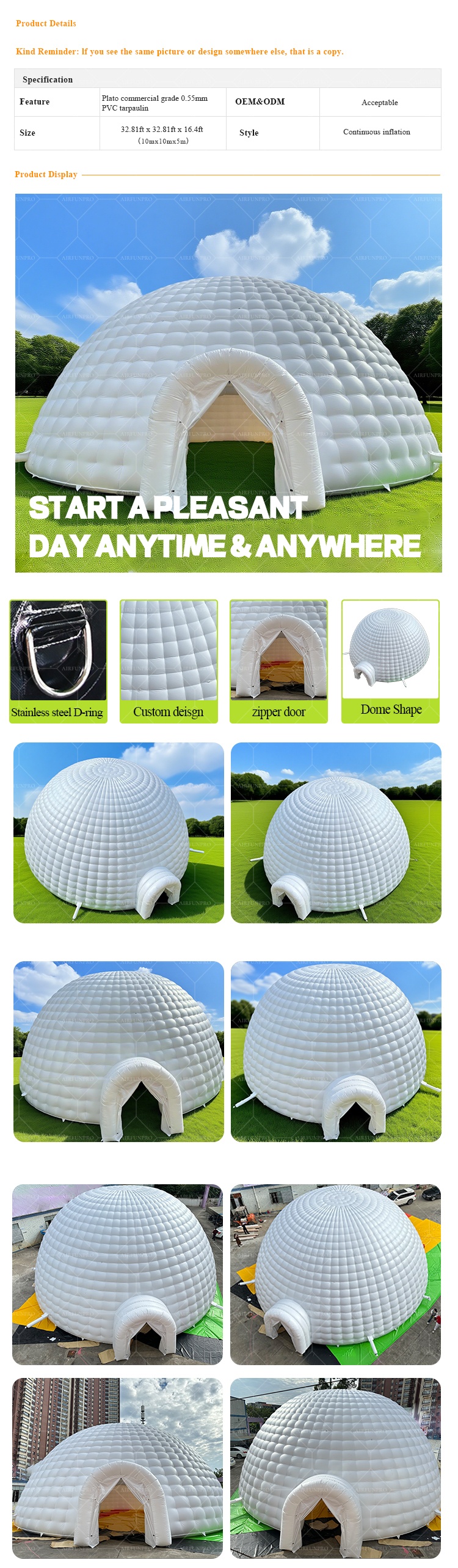 Customizable 10M White Waterproof Inflatable Dome Tent