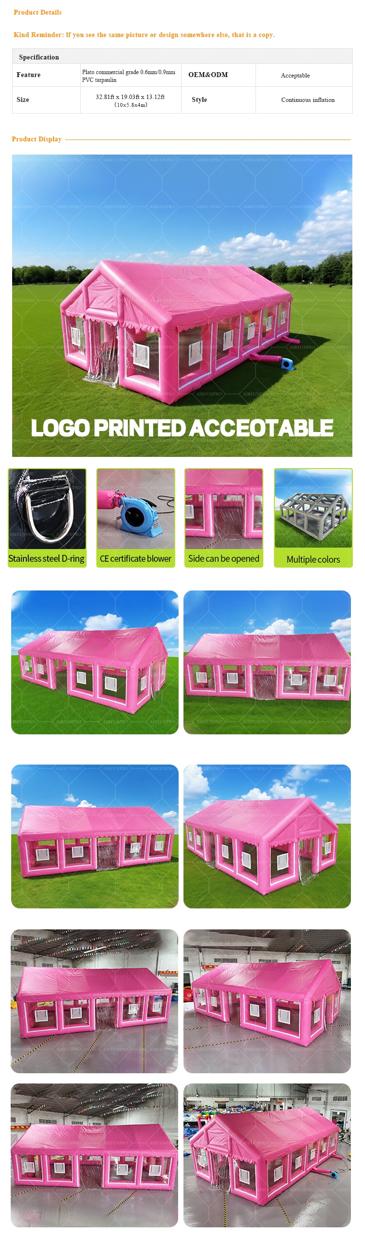 Non-Toxic 58㎡ Pure Pink Inflatable Tent Cute Party Dome Tent