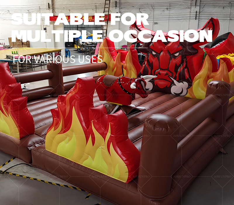 Inflatable Rodeo Bull Obstacle with Fire Design - Angry Bull PVC Course for Adult/Kids Party