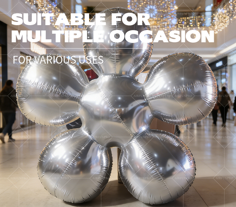 Silver Iridescent Mirror Inflatable Flower Installation: A Dynamic Art Focal Point for Commercial Spaces