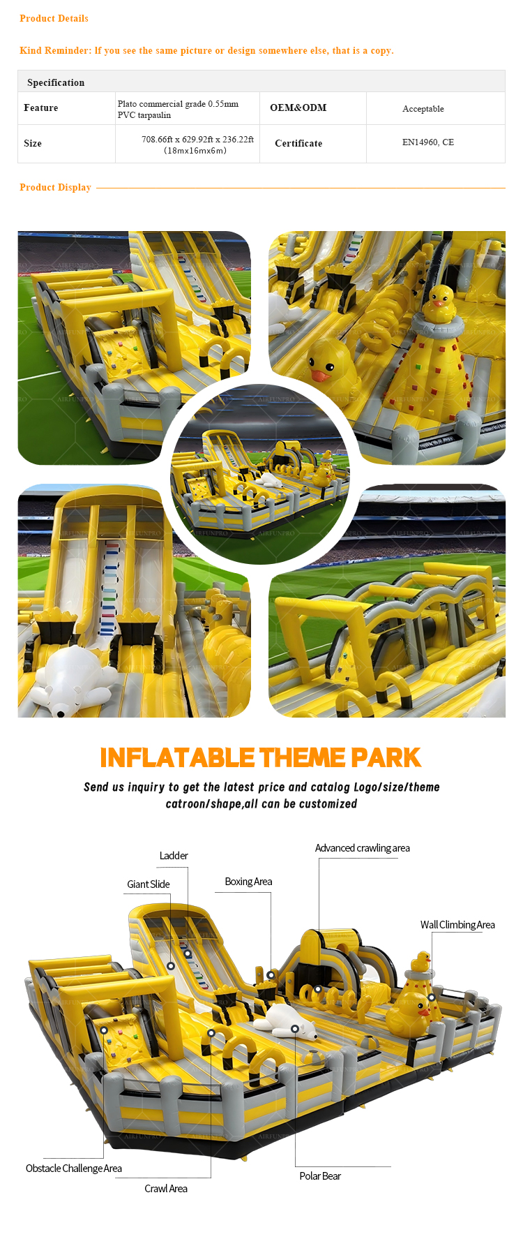Custom 18mx16mx6m Inflatable Yello Duck Theme Playground for Children