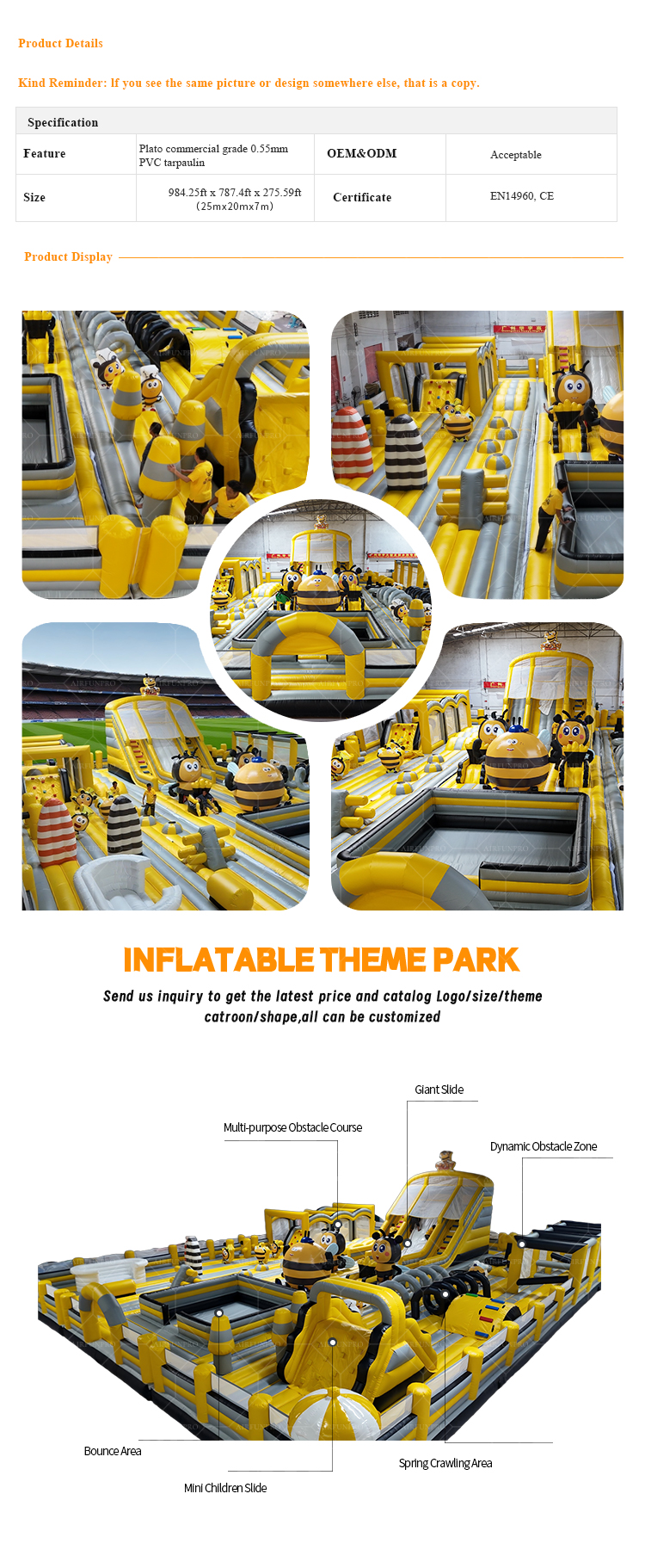 Giant Inflatable Bee Theme Castle Park with Obstacle Course