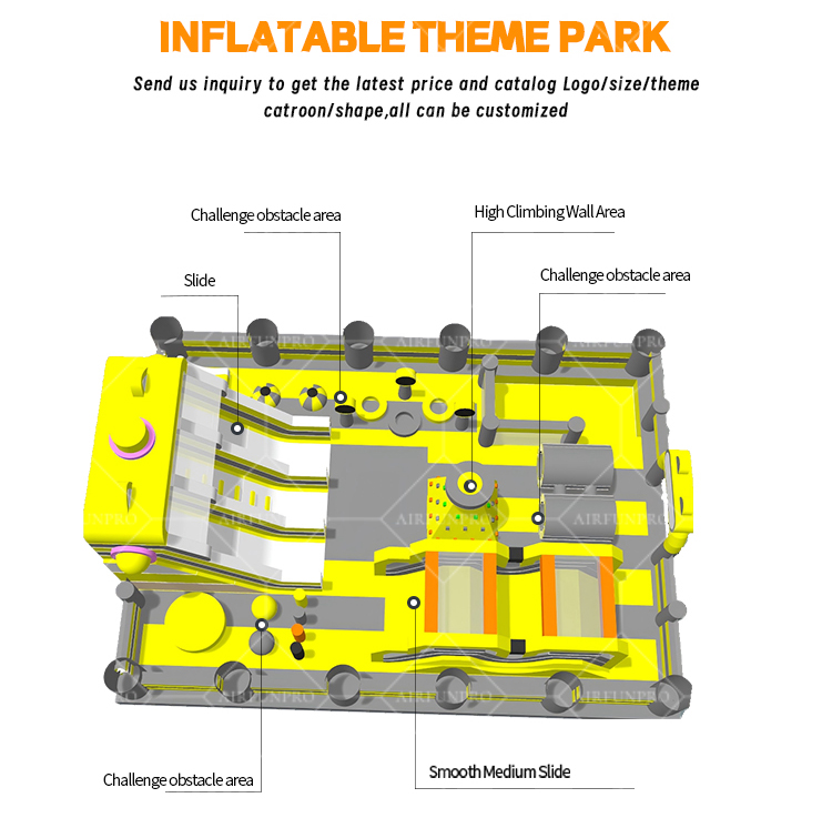 AirFunpro Inflatable Playground Dimensions 10m x 14m x 6.8m Color Theme yellow-gray with red accents