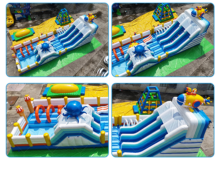 Ocean exploration themed inflatable water castle, equipped with double slides.