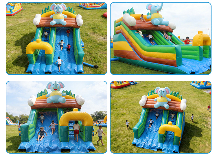 Blue Elephant Dual-Lane Inflatable Slide with Splash Pool