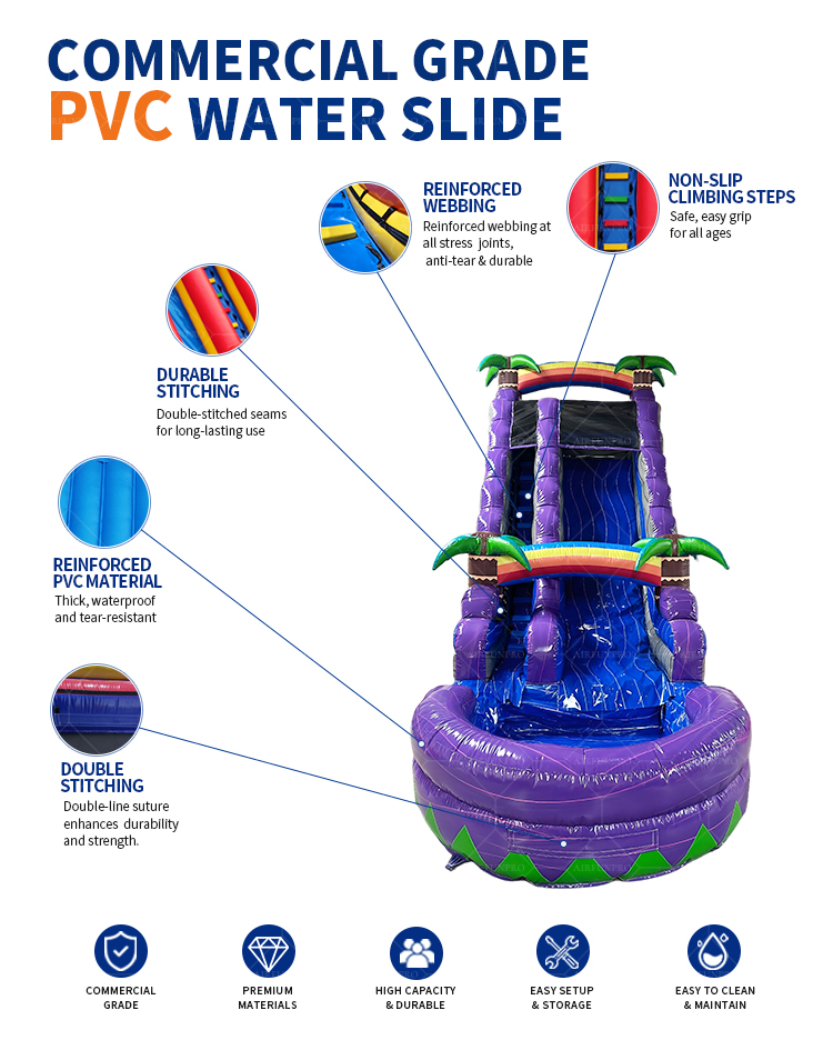 Purple Tropical Jungle Palm Tree Inflatable Dry Slide | Commercial Tall Double Lane Inflatable Slide