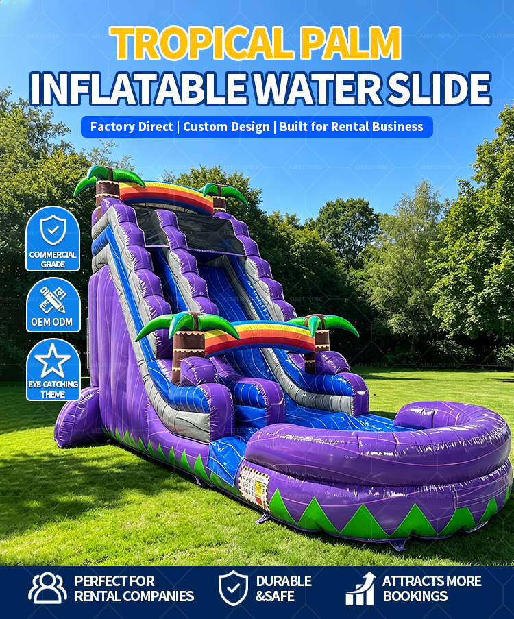 Purple Tropical Jungle Palm Tree Inflatable Dry Slide | Commercial Tall Double Lane Inflatable Slide