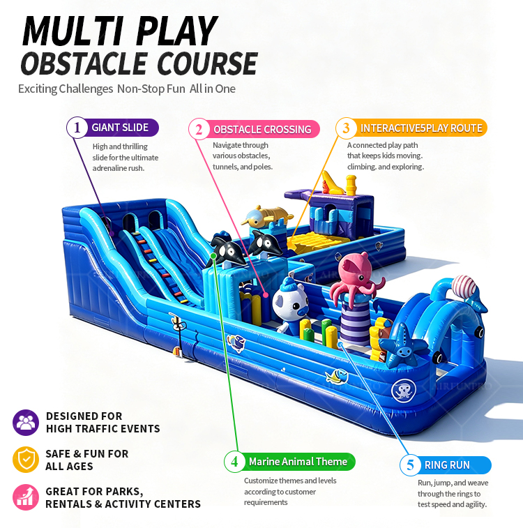 Commercial Kids Inflatable Theme Park Amusement Bounce House With Slide Obstacle Course Bouncer Court Combo Inflatable Playground PVC