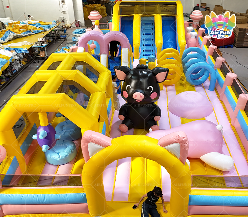 Cartoon Piggy Candy Park Inflatable Fun City｜Dual‑Slide Enclosed Multi‑Obstacle Play Arena