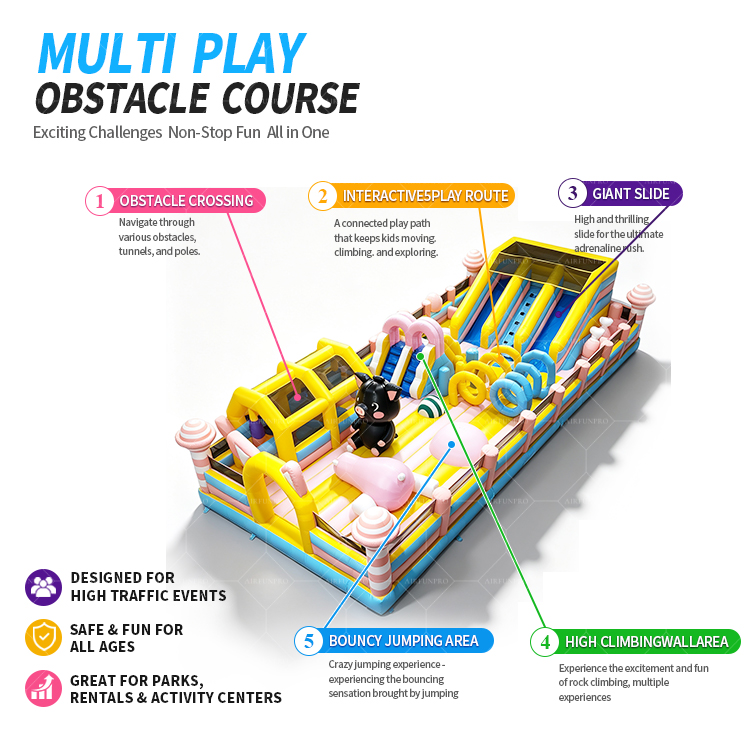 Commercial Multi Play Inflatable Obstacle Course, All-in-One Inflatable Play Equipment With Obstacle Crossing, Bounce Area, Climbing Wall