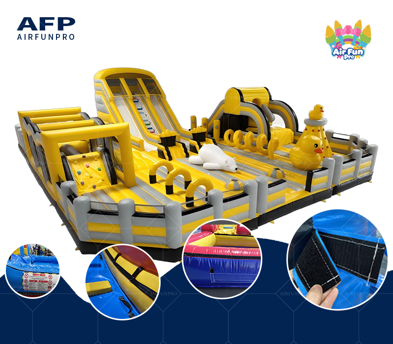 Commercial Yellow Duck Theme Inflatable Play Park, Large Inflatable Obstacle Course Combo With Climbing Wall