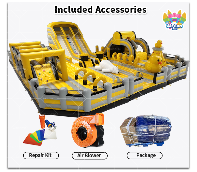 Commercial Yellow Duck Theme Inflatable Play Park, Large Inflatable Obstacle Course Combo With Climbing Wall