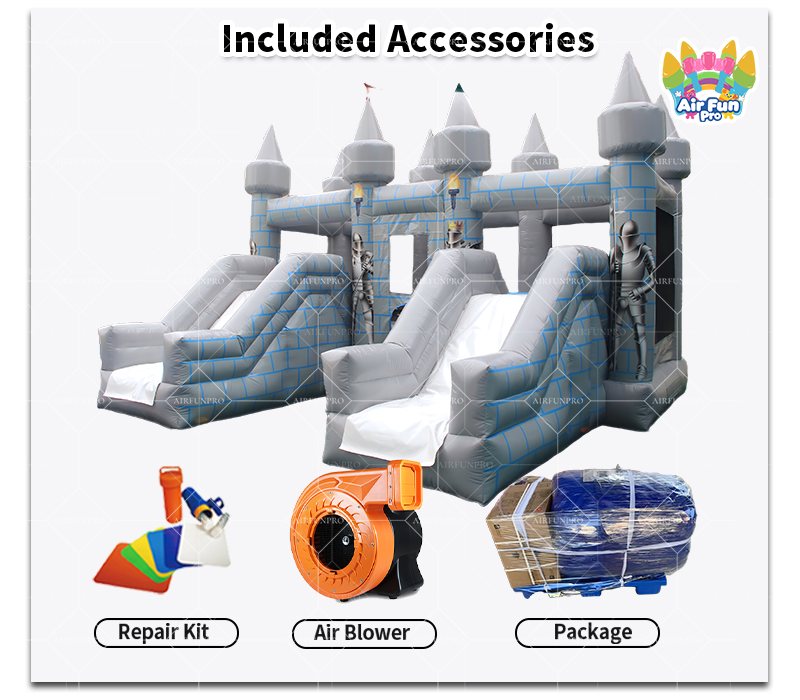 Commercial Medieval Knight Inflatable Bouncy Castle, Stone Pattern Inflatable Play Combo With Dual Slides For Kids Events