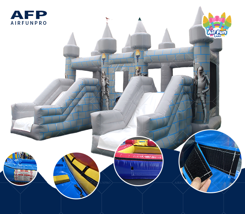 Commercial Medieval Knight Inflatable Bouncy Castle, Stone Pattern Inflatable Play Combo With Dual Slides For Kids Events