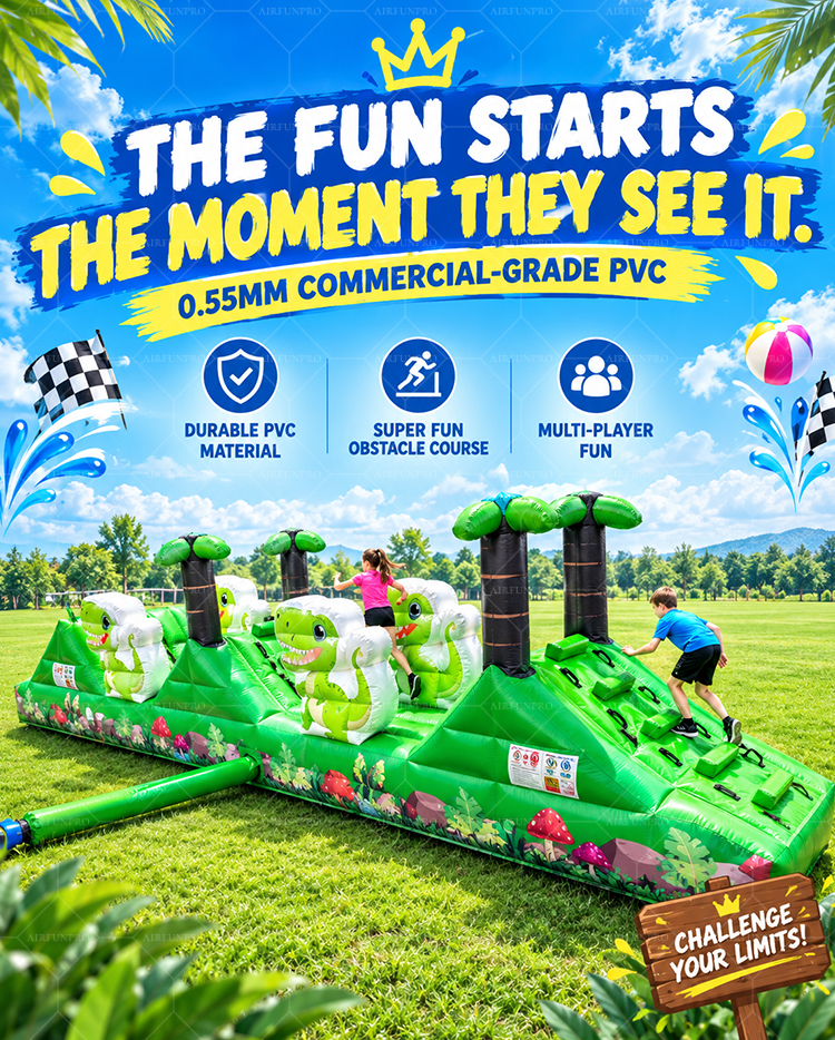 Commercial Dinosaur Inflatable Obstacle Course with Slide