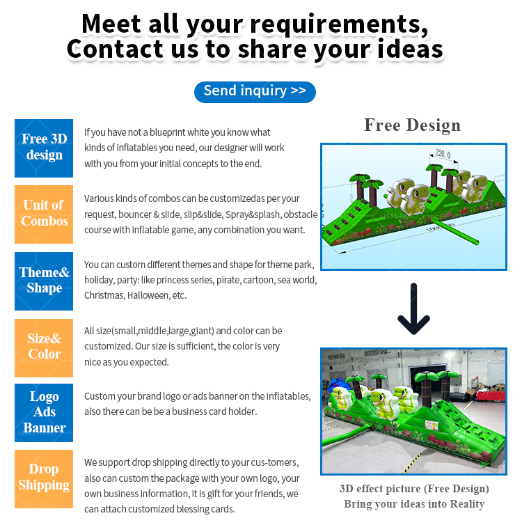 Commercial Dinosaur Inflatable Obstacle Course with Slide