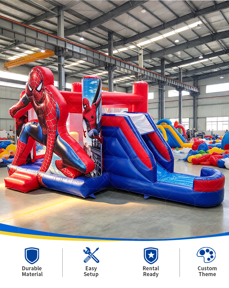 2026 Hot Selling Spider Theme Inflatable Bouncer Kids Bounce House With Slide Superhero Jumping Castle For Party Rental