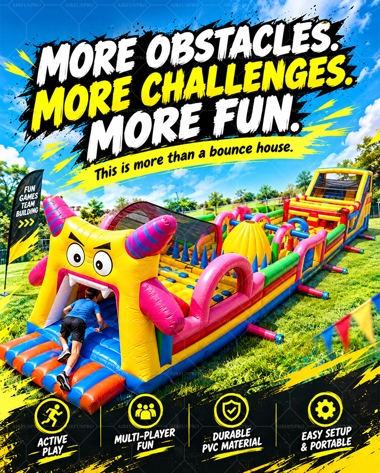 Commercial PVC Outdoor Cartoon Inflatable Obstacle Course Challenge Bounce House Obstacle Slide Kids Party Event Rental
